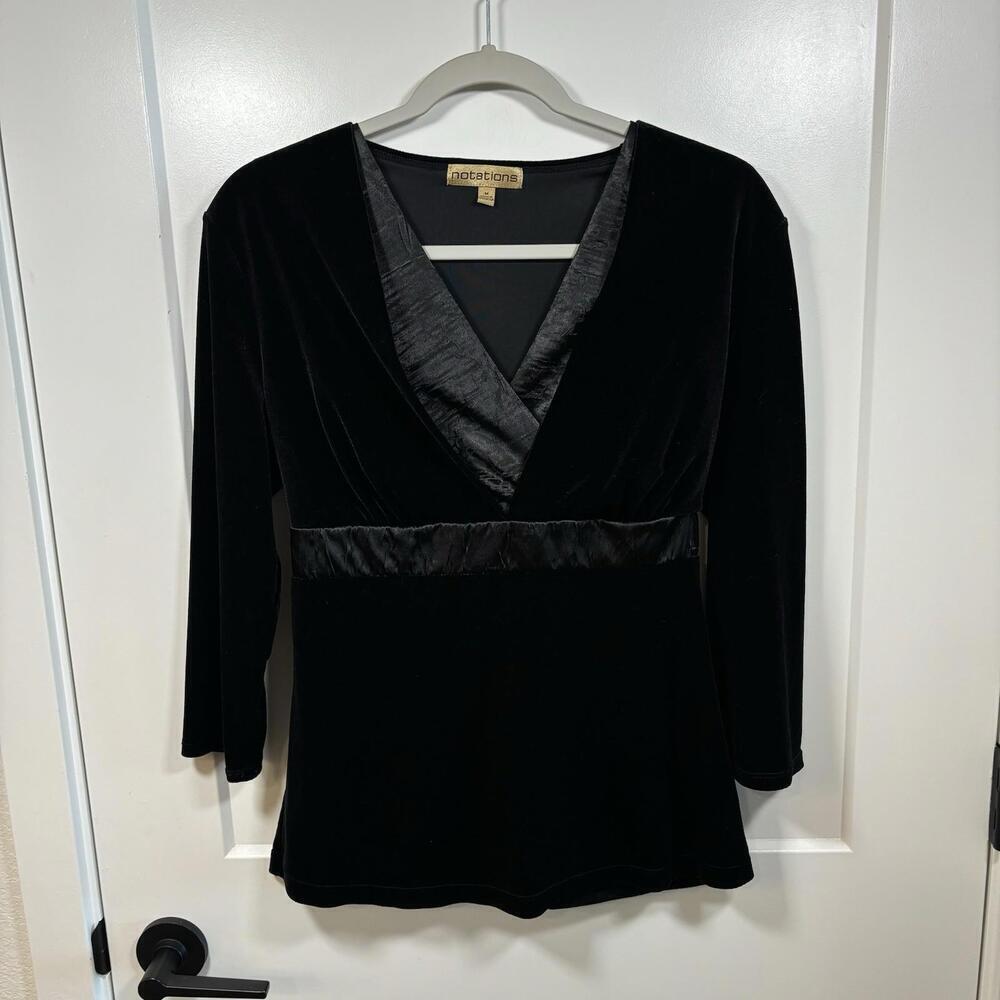 VTG Y2K Notations Black Velvet Baby Doll Top 3/4 Sleeves Satin Trim Whimsi Goth